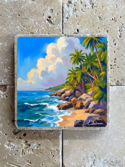 Pierre travertin 10x10 cm – Carreau décoratif plage tropicale avec palmiers, verso liège
