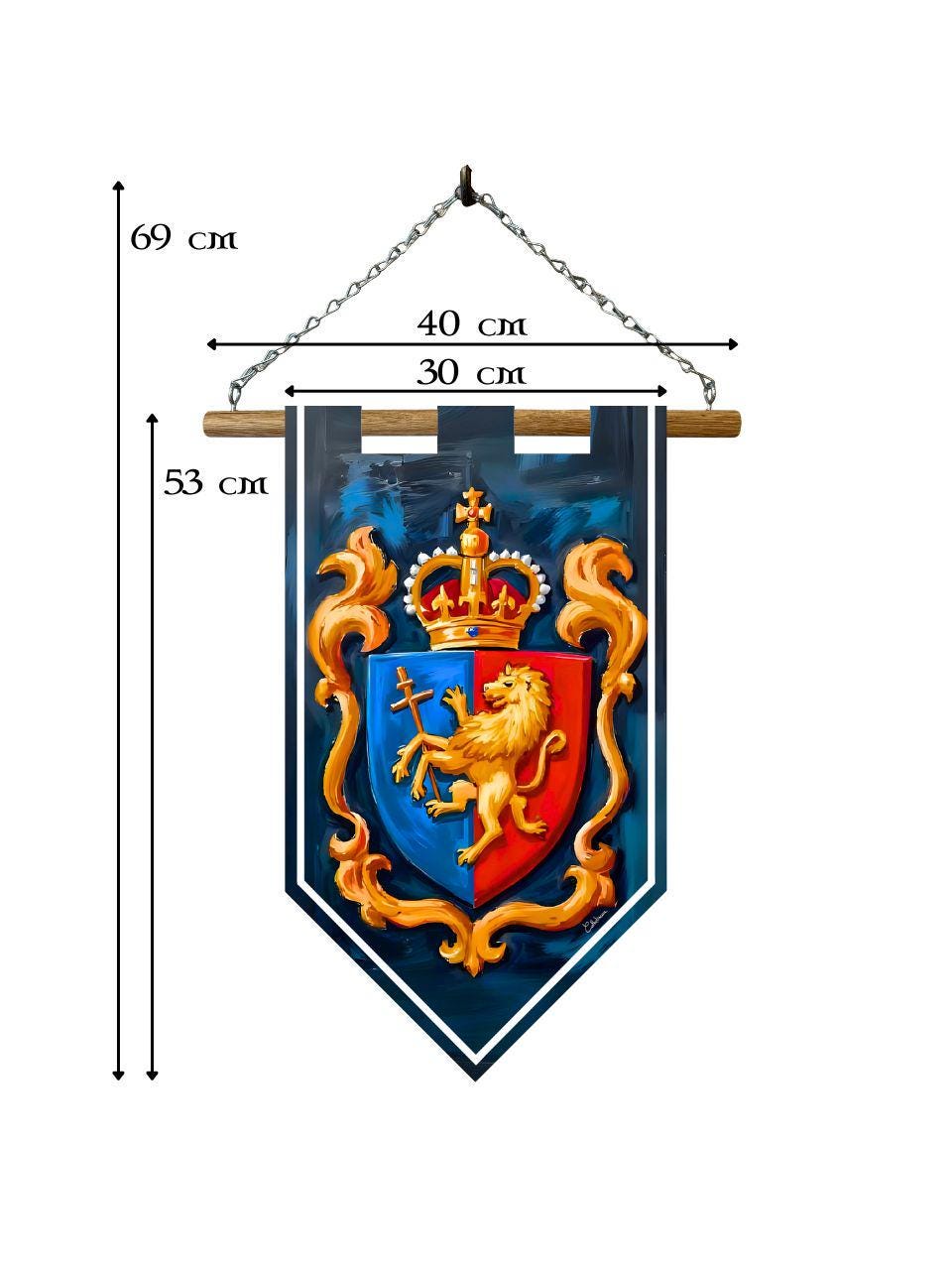 Étendard blason royal – Bannière murale toile 510g/m2 – Déco murale lion doré et couronne médiévale