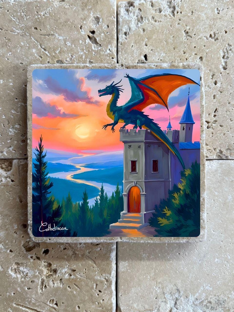 Pierre travertin 10x10 cm – Carreau décoratif dragon sur château fantasy, verso liège