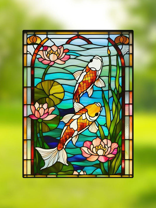 Vitrail carpes koï et lotus 30x40cm – Décoration vitre zen  – Cadeau feng shui