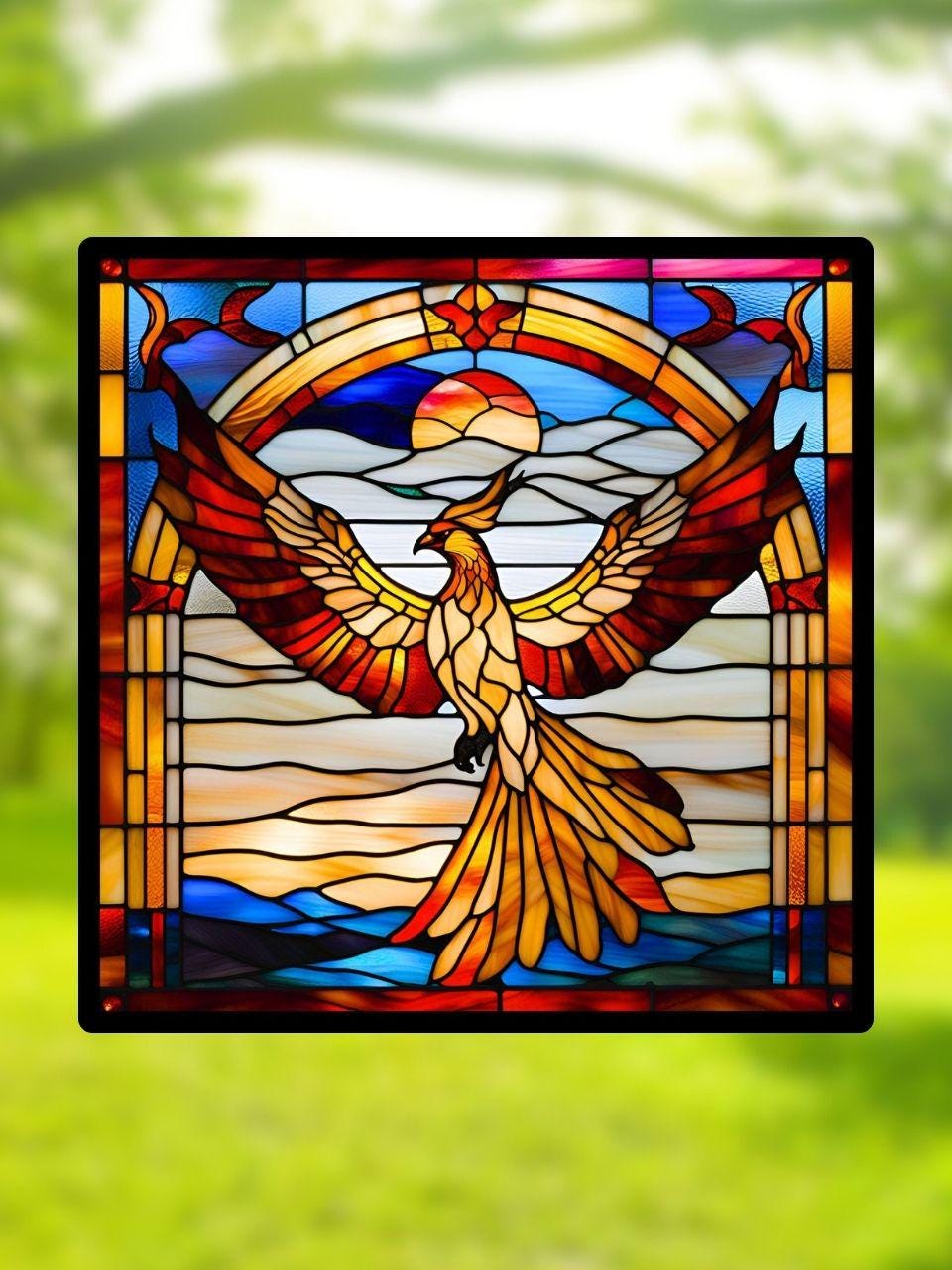 Vitrail Le Phénix – Décoration de Vitre Inspirée de la Mythologie – Cadeau Original pour Passionnés de Créatures Légendaires