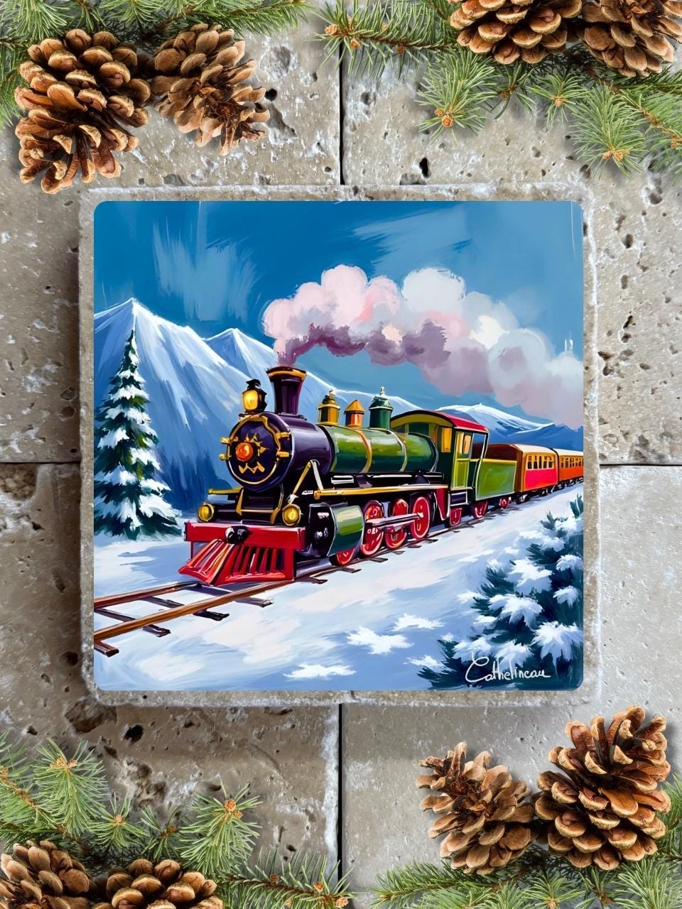 Carreau en travertin 10x10 cm – Train de Noël dans la neige, verso liège