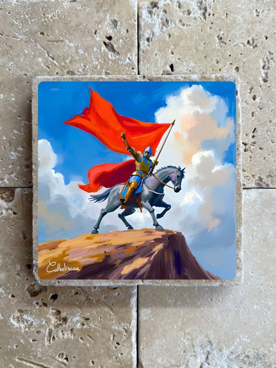Carreau en travertin 10x10 cm – Chevalier médiéval sur son cheval, verso liège