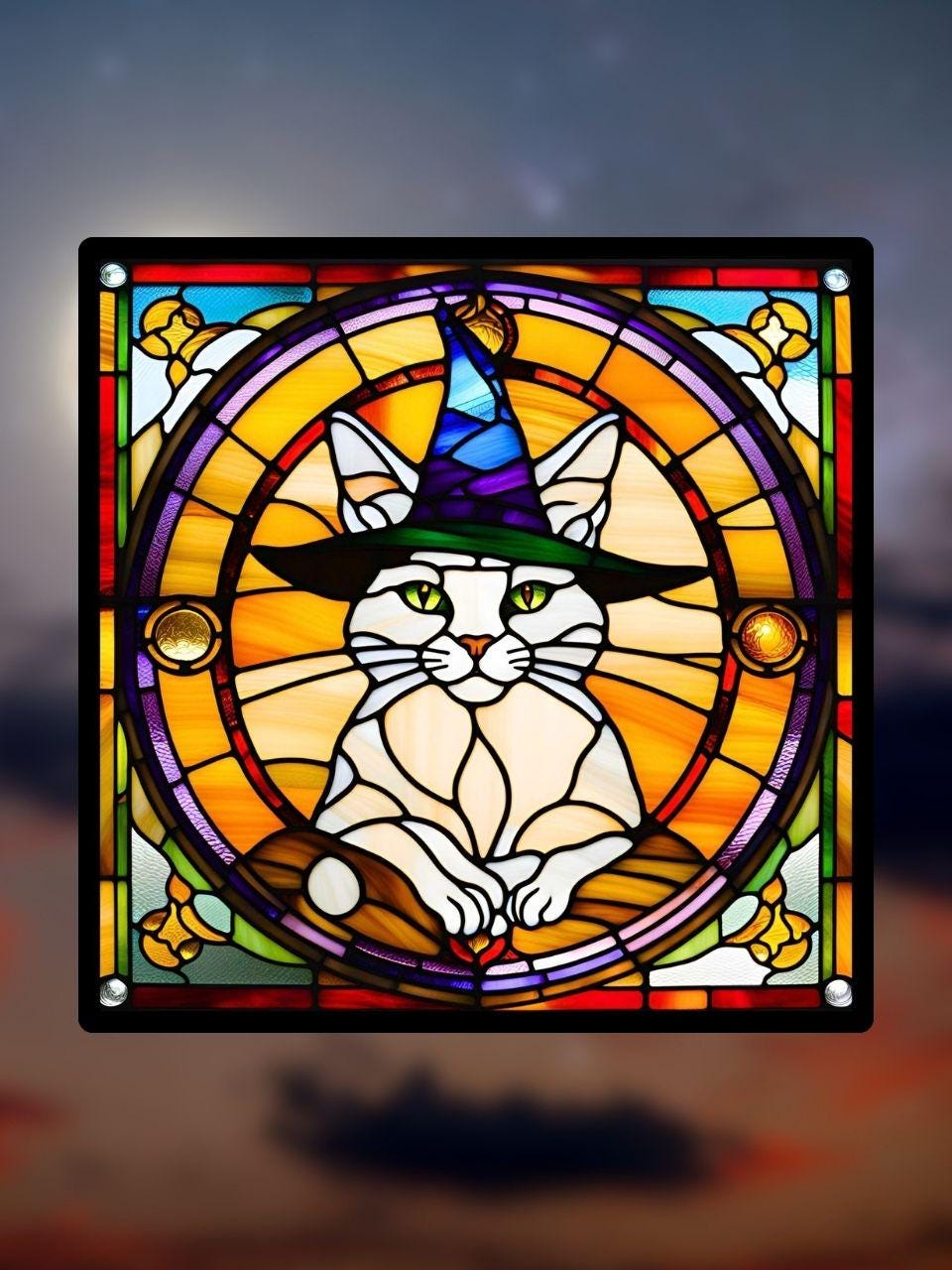 Vitrail Chat de Sorcière Halloween – Décoration de Vitre Envoûtante – Cadeau Original pour Passionnés de l’Univers Surnaturel