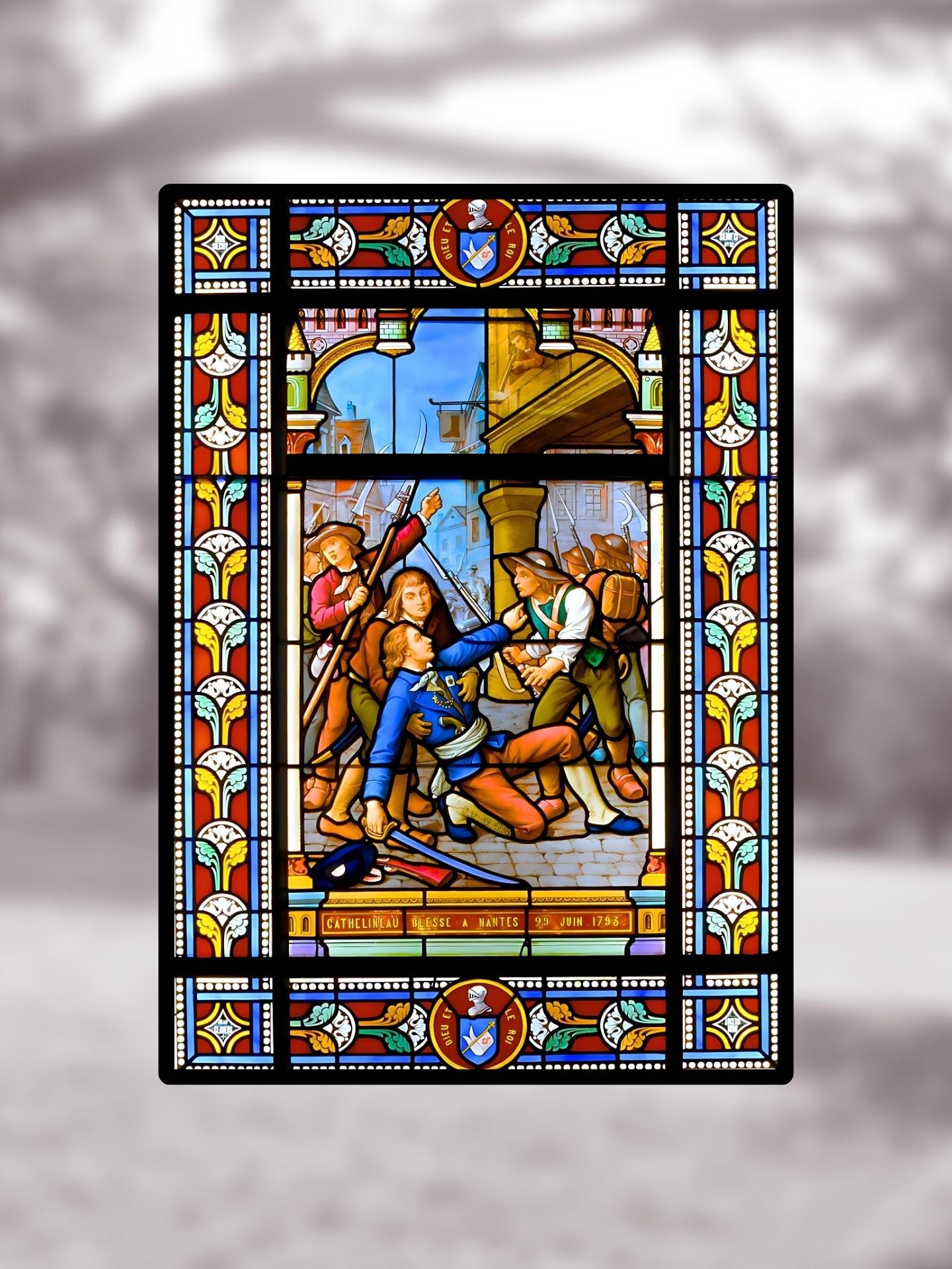 Vitrail historique "Cathelineau blessé à Nantes – 1793" – Scène de la Guerre de Vendée, vitrail format 148x210 mm
