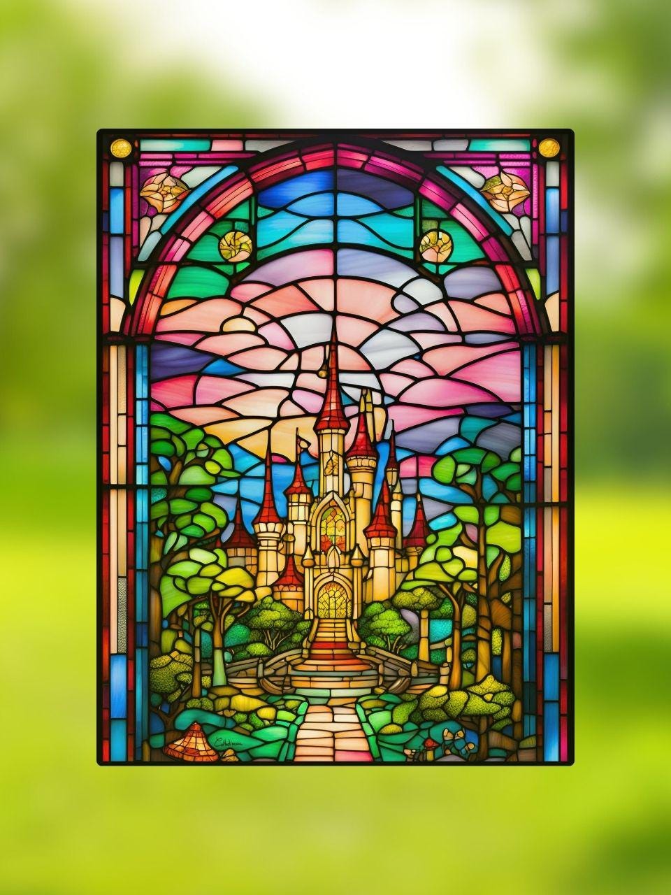 Vitrail Château Féerique 30x40cm – Décoration vitre conte de fées – Cadeau magique