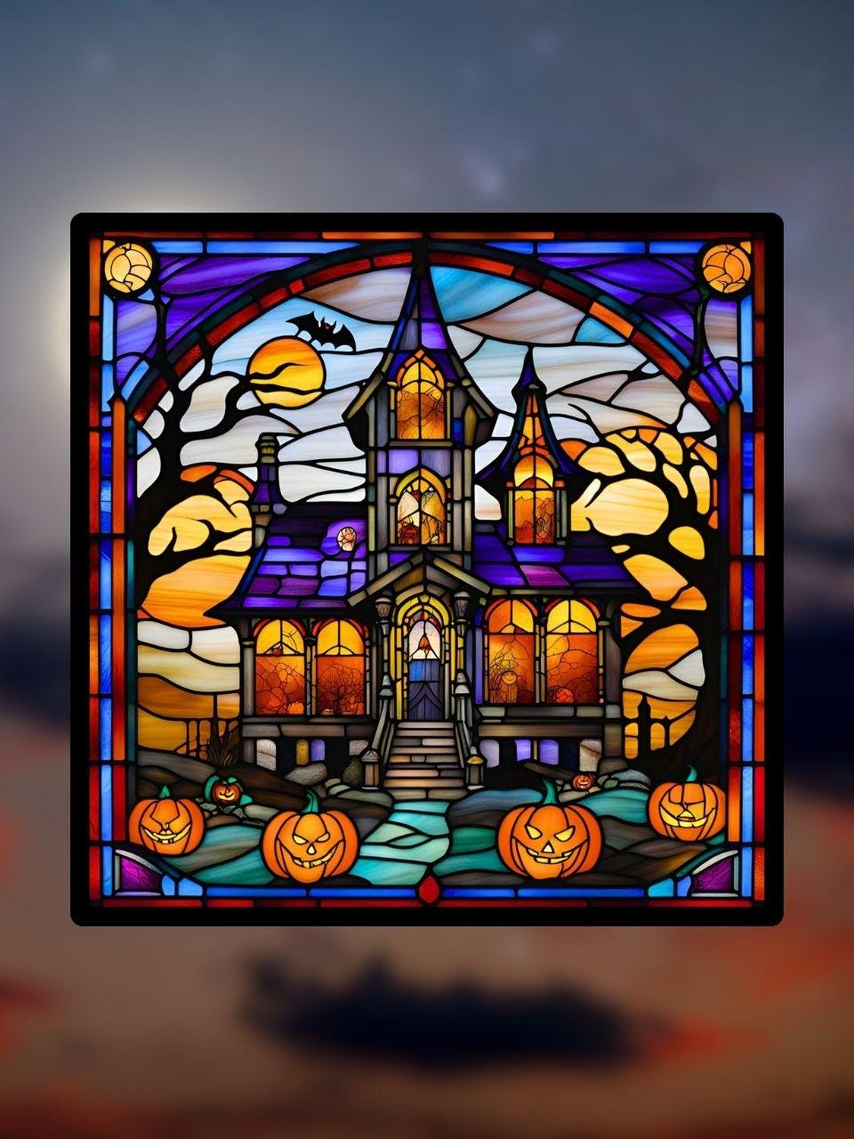 Vitrail Maison Hantée aux Citrouilles – Décoration de Vitre Lumineuse – Cadeau Original pour Passionnés de l’Univers Halloweenesque