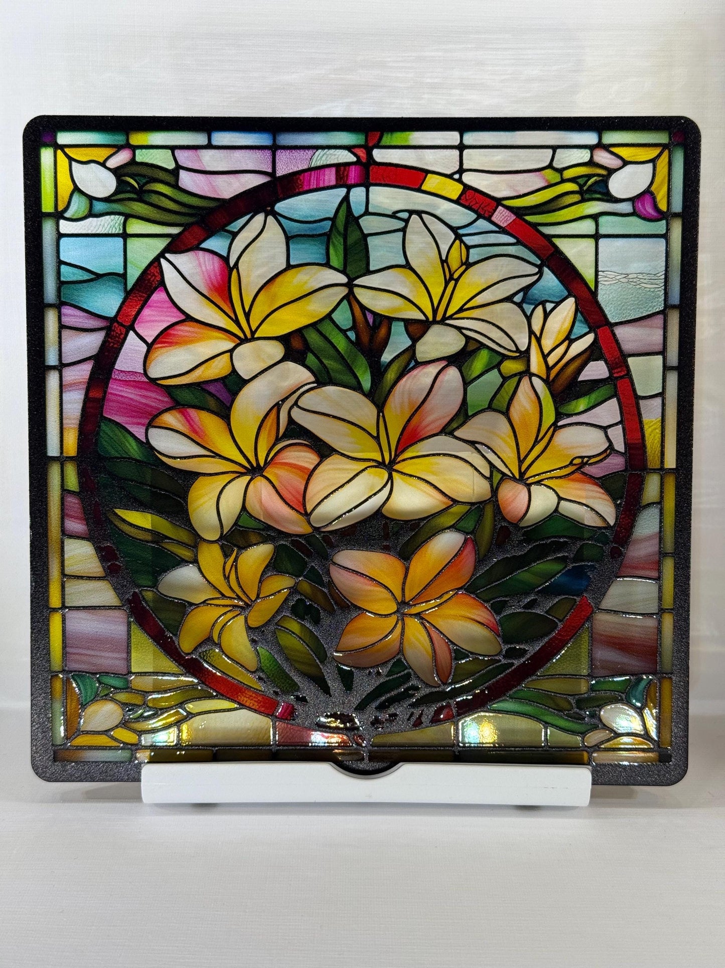 Vitrail Plumeria Frangipanier Hawaii – Décoration vitre Tropicale – Cadeau Art Floral