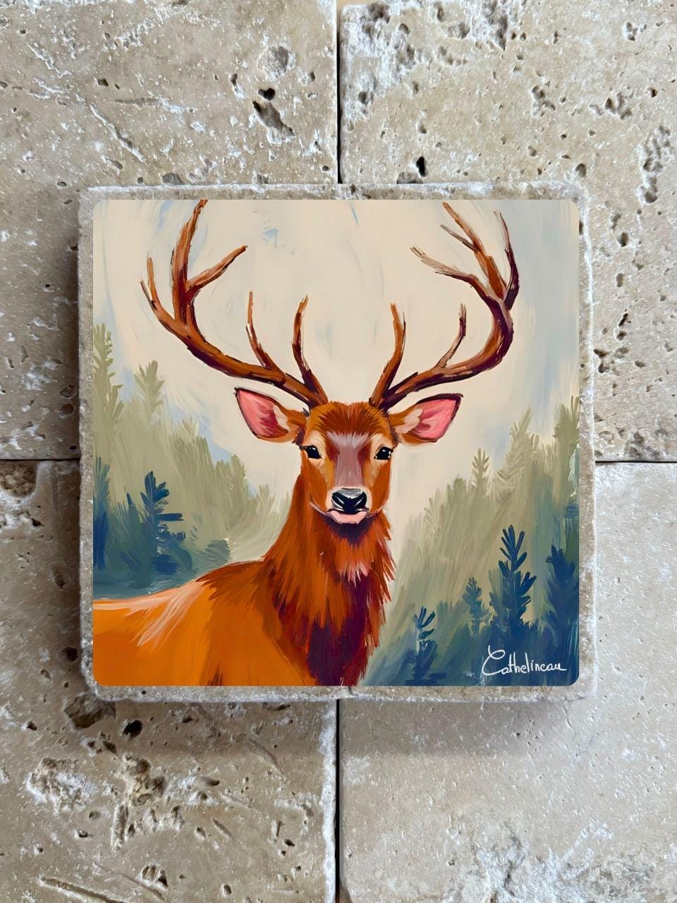 Carreau en travertin 10x10 cm – Cerf majestueux, verso liège