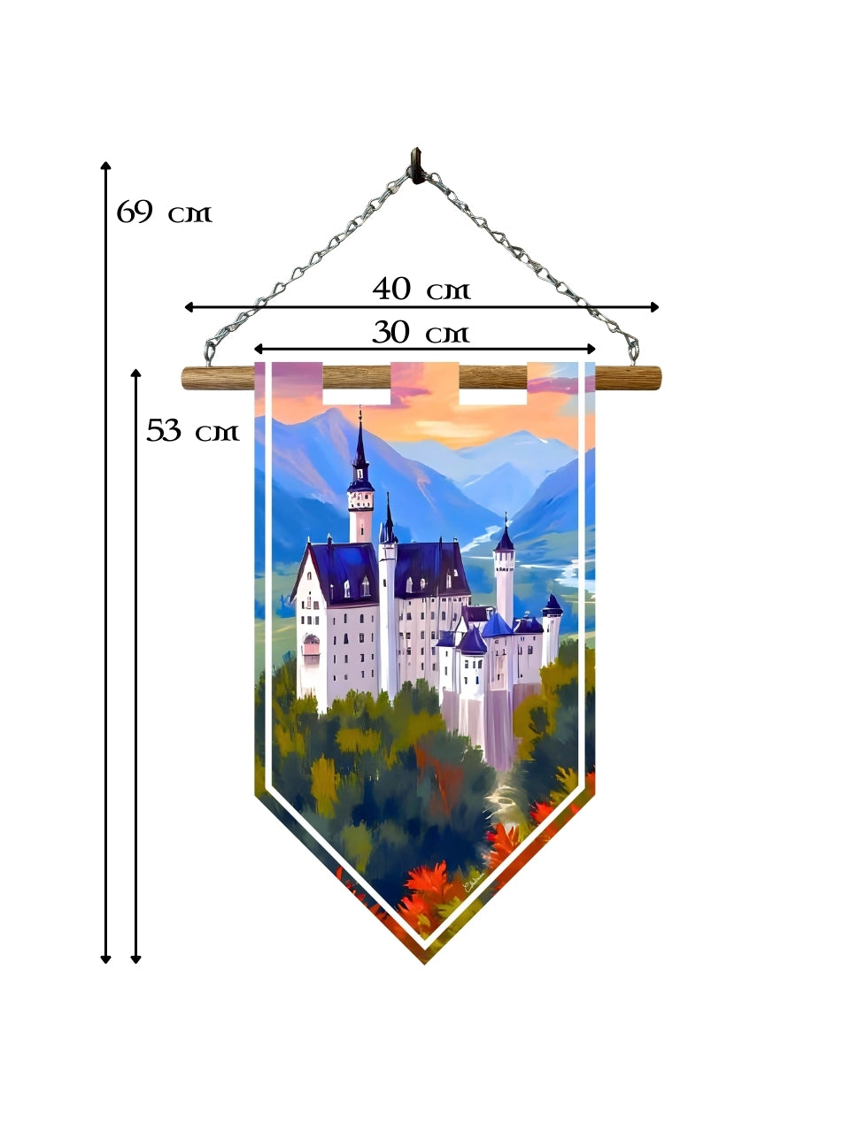 Étendard château montagne – Bannière murale toile 510g/m² – Déco murale fantasy et conte de fées