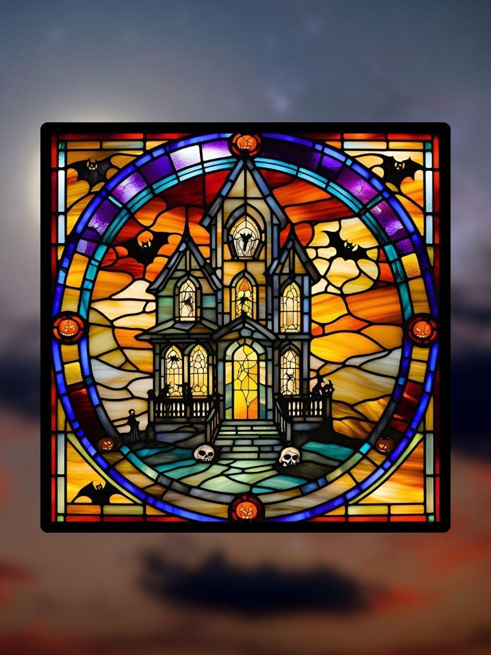 Vitrail Maison Hantée aux Crânes – Décoration de Vitre Gothique – Cadeau Original pour Passionnés de l’Univers Macabre