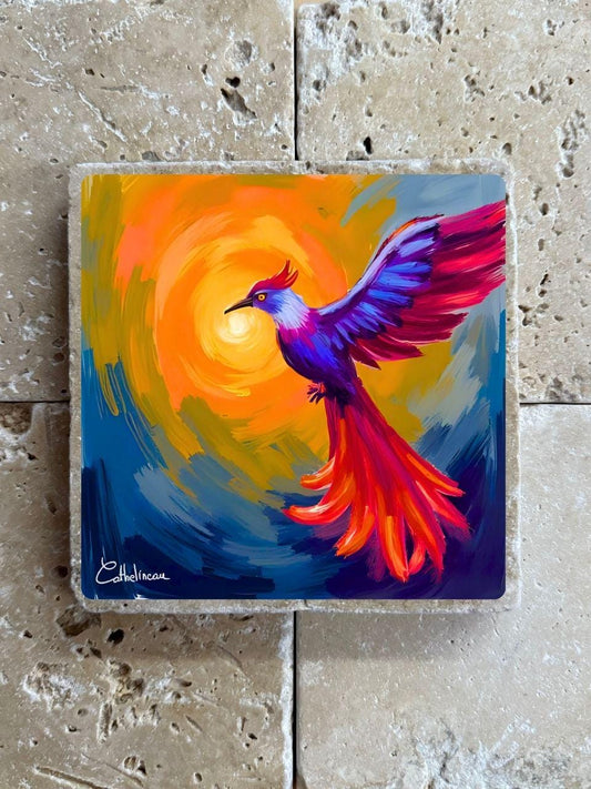 Pierre travertin 10x10 cm – Carreau décoratif oiseau de feu, verso liège