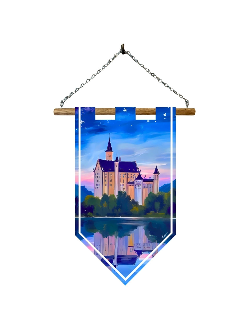 Étendard château montagne – Bannière murale toile 510g/m² – Déco murale fantasy et conte de fées