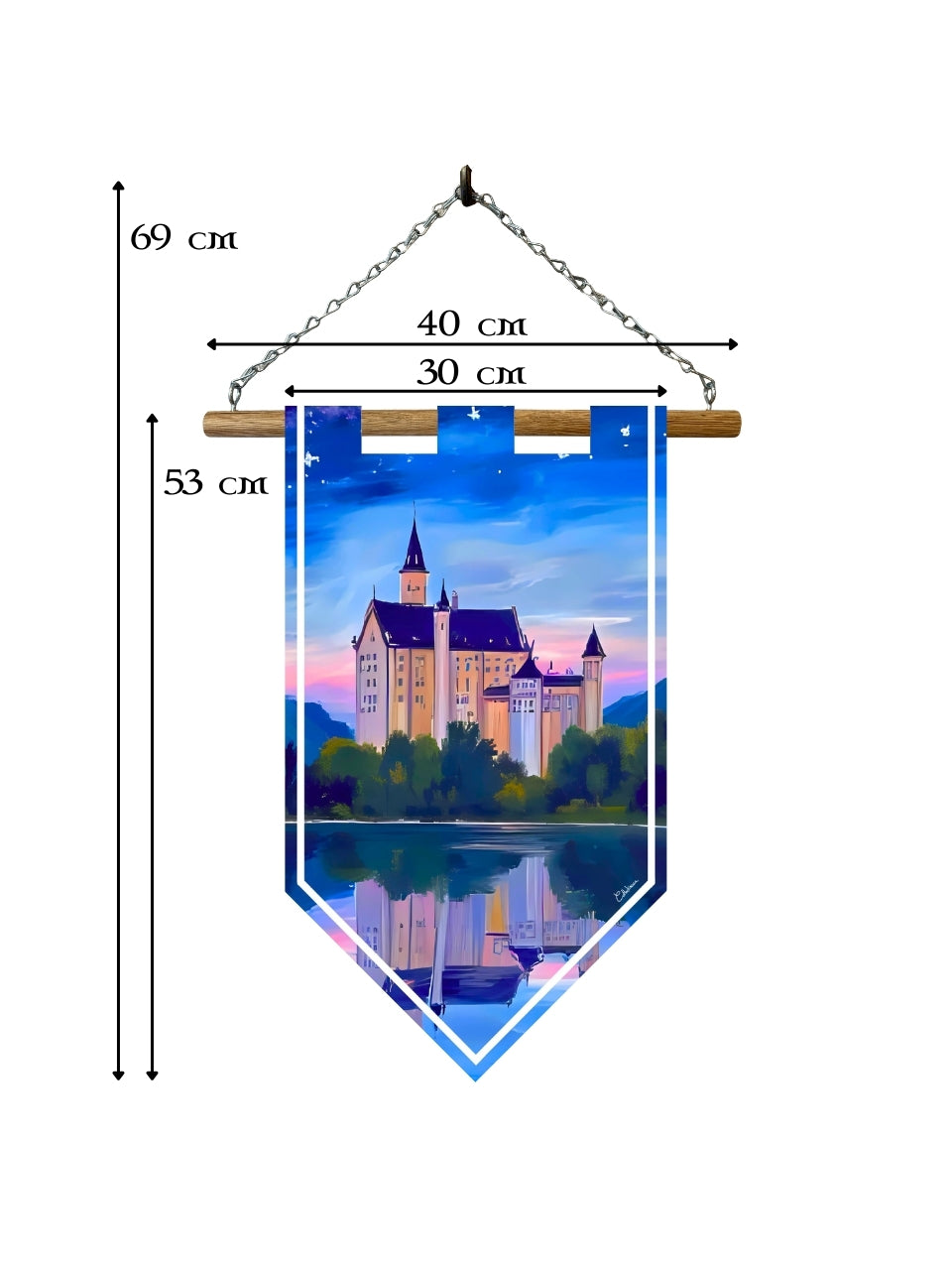 Étendard château montagne – Bannière murale toile 510g/m² – Déco murale fantasy et conte de fées