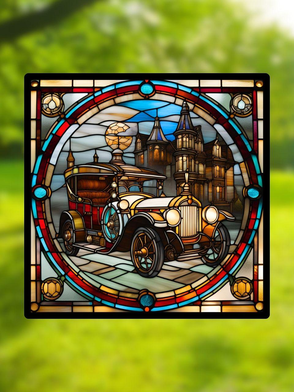 Vitrail La Voiture de Ville Steampunk – Décoration de Vitre Industrielle – Cadeau Original pour Passionnés de Science-Fiction