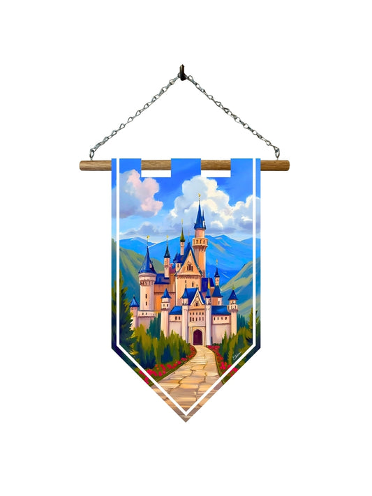 Étendard château féérique – Bannière murale toile 510g/m² – Déco murale conte de fées et fantasy