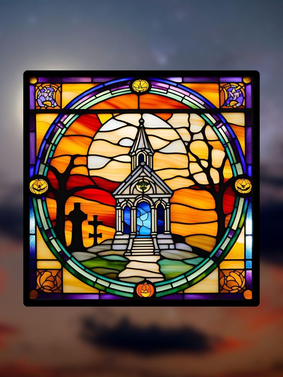 Vitrail Mausolée de Cimetière d’Halloween – Décoration de Vitre Gothique – Cadeau Original pour Passionnés de l’Univers Surnaturel