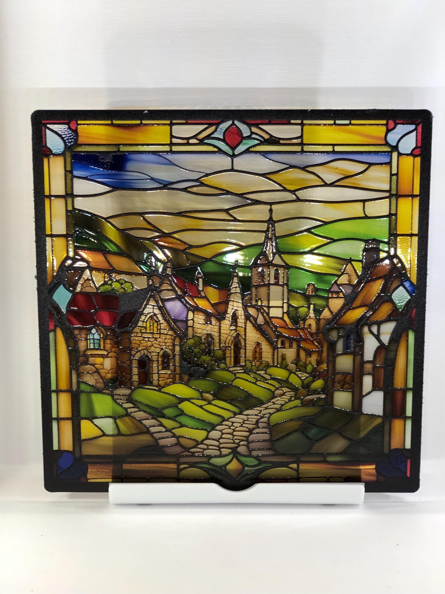 Vitrail Le Village Médiéval – Décoration de Vitre Historique – Cadeau Original pour Amoureux du Moyen Âge