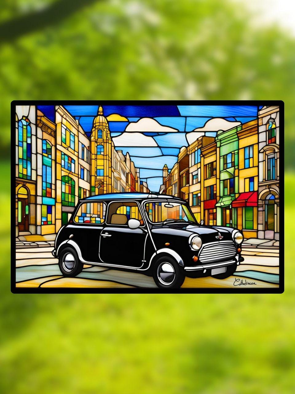 Vitrail l’Austin mini noir en centre ville 210x148mm