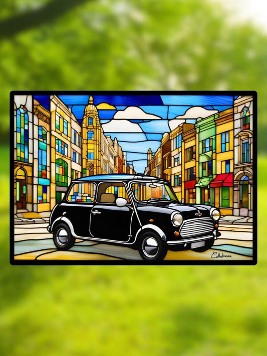 Vitrail l’Austin mini noir en centre ville 210x148mm