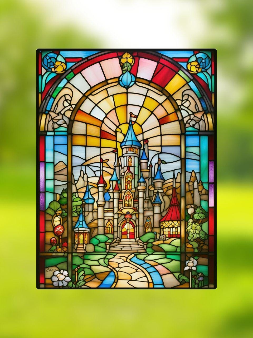 Vitrail Château Féerique 30x40cm – Décoration vitre conte de fées – Cadeau magique