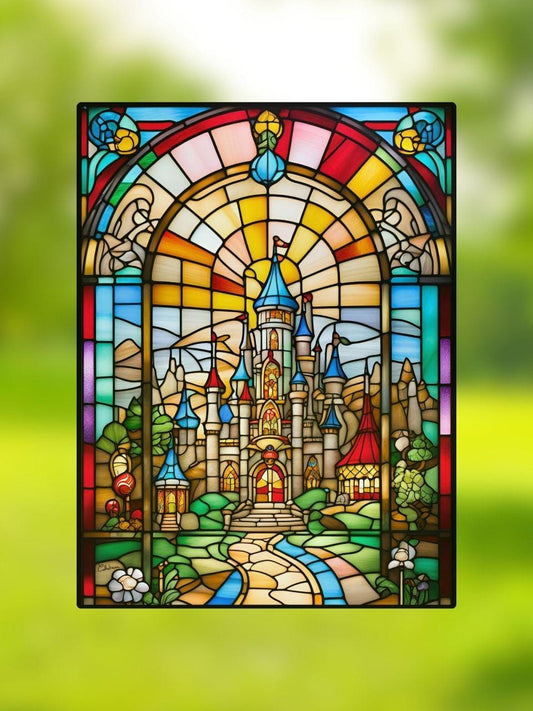 Vitrail Château Féerique 30x40cm – Décoration vitre conte de fées – Cadeau magique