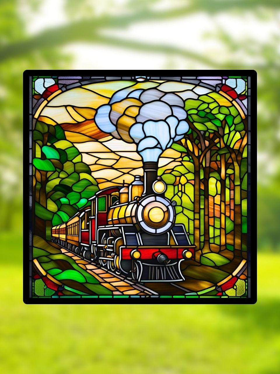 Vitrail Le Train à Vapeur – Décoration de Vitre Nostalgique – Cadeau Original pour Passionnés de Locomotives et d’Histoire Ferroviaire