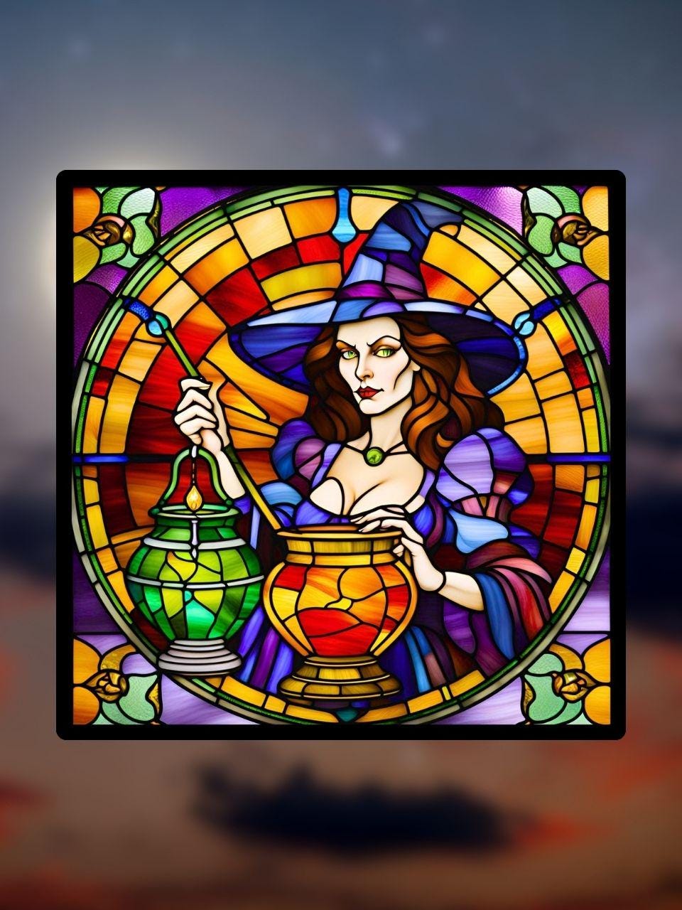Vitrail Sorcière d’Halloween – Décoration de Vitre Envoûtante – Cadeau Original pour Passionnés de Magie