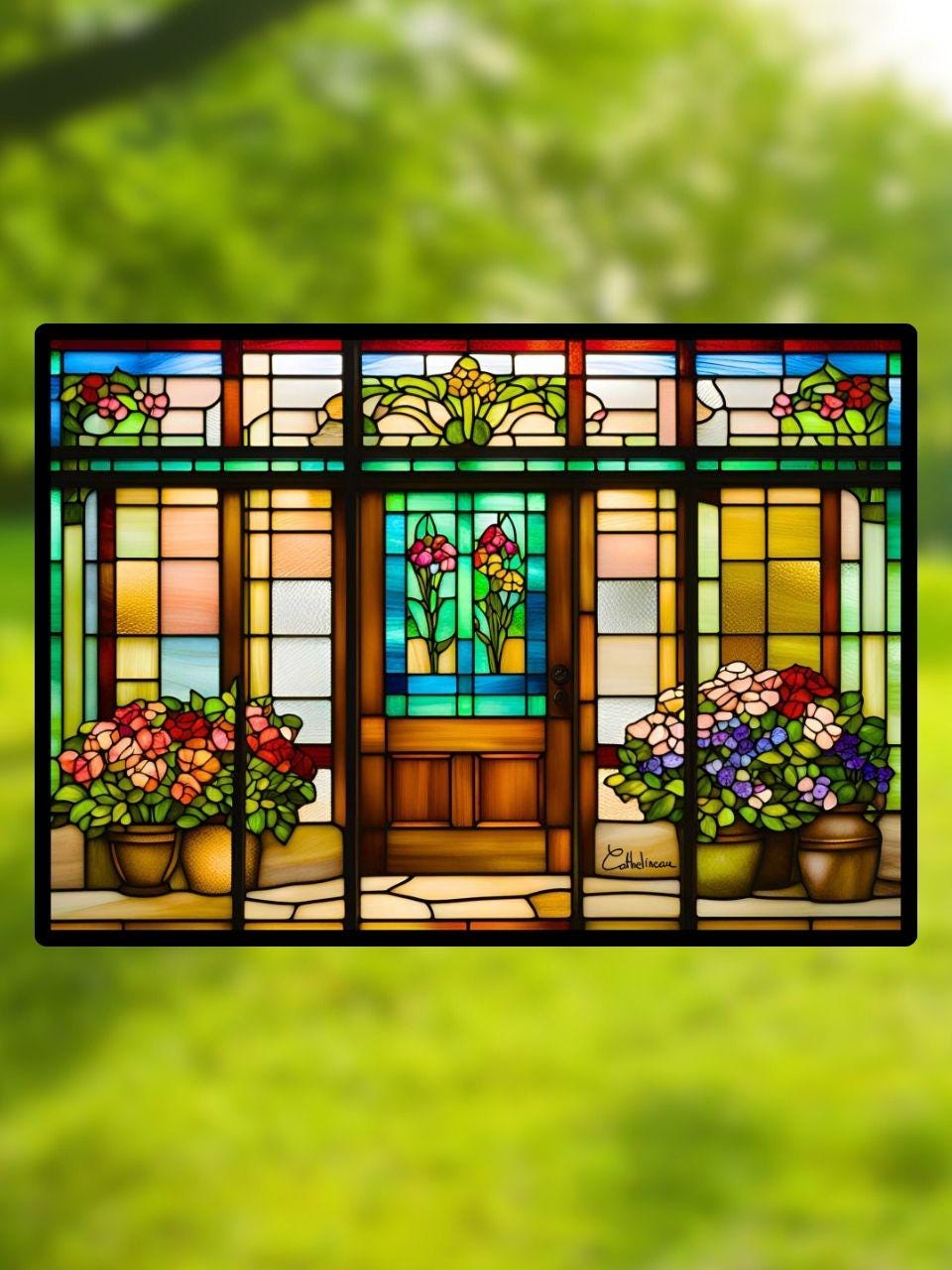 Vitrail Porte d'Entrée Fleurie 210x148mm – Décoration de Vitre Florale – Cadeau Art Floral
