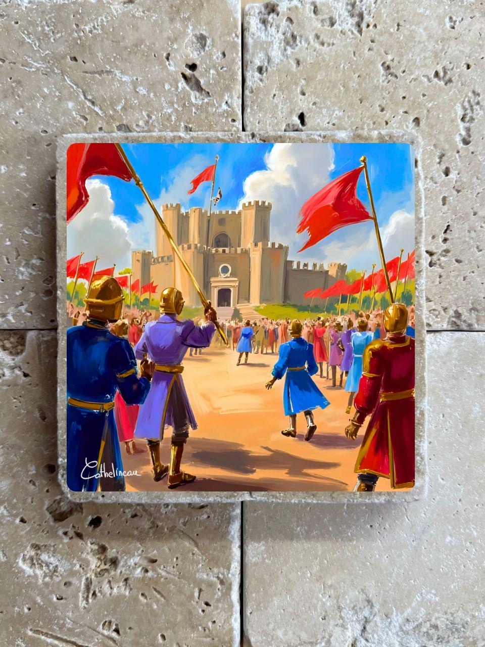 Carreau en travertin 10x10 cm – Cortège médiéval vers le château, verso liège