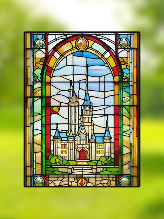 Vitrail Château Féerique 30x40cm – Décoration vitre conte de fées – Cadeau magique