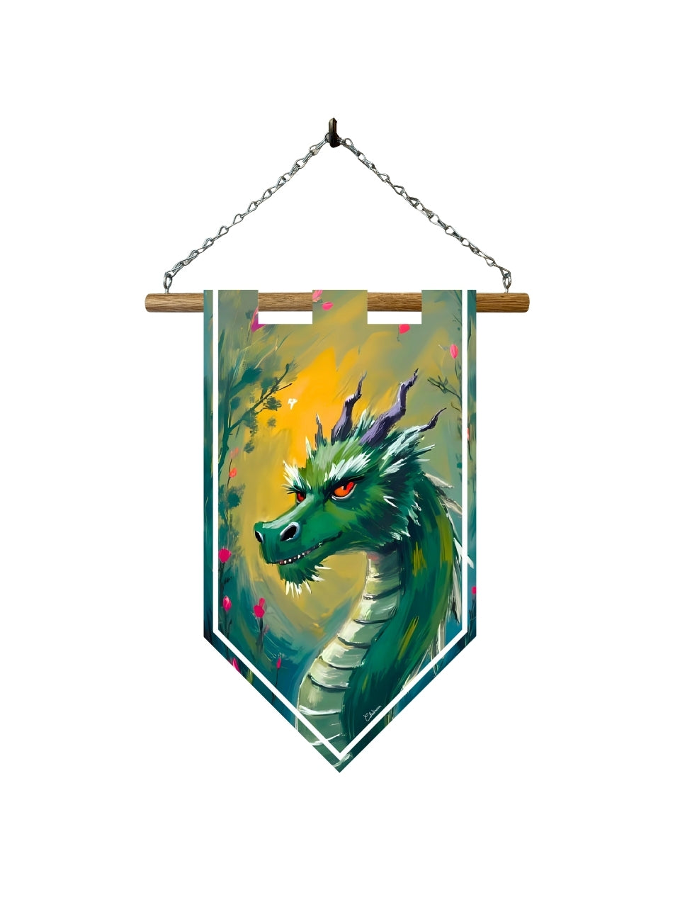 Étendard dragon vert – Bannière murale toile 510g/m² – Déco murale fantasy créature légendaire