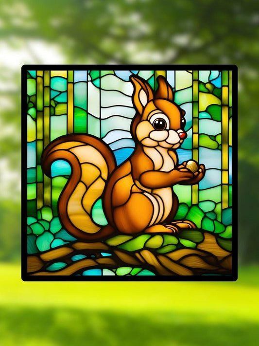 Vitrail Écureuil dans la Forêt – Décoration de Vitre Enfantine et Naturelle – Cadeau Original pour Amoureux des Animaux des Bois