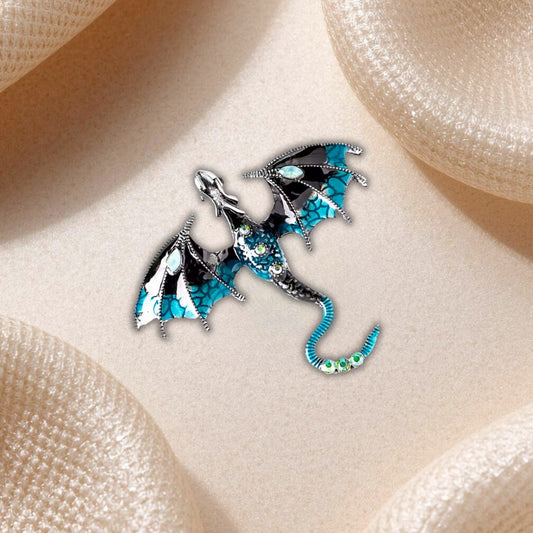 Broche Dragon Noir et Turquoise – Bijou Fantastique aux Ailes Déployées