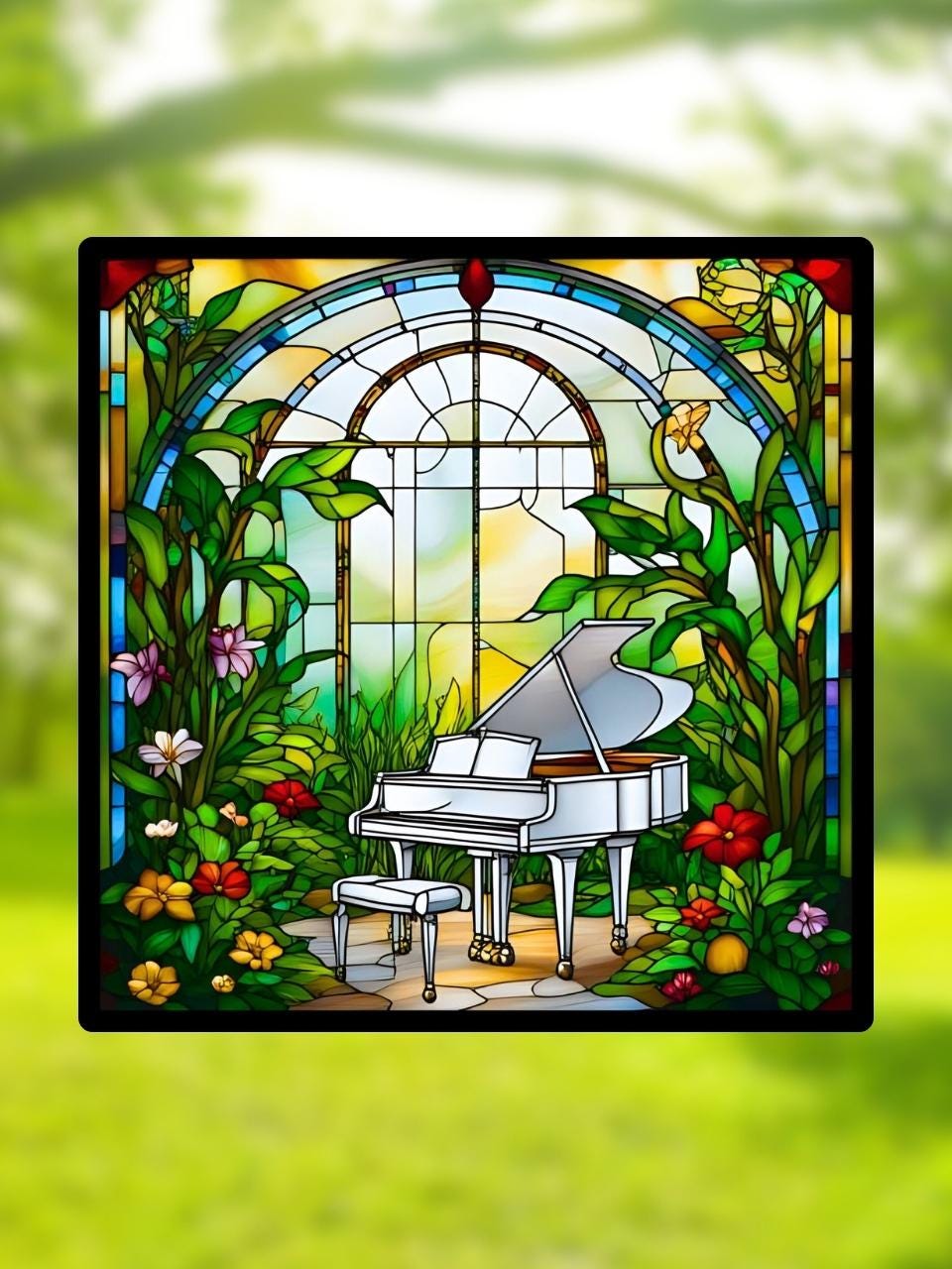 Vitrail "Le Piano du Jardin Secret" – Art déco musical et floral, vitrail carré 14,5x14,5 cm, décoration poétique et lumineuse