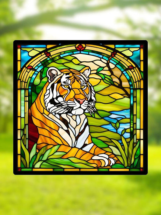 Vitrail Tigre Majestueux – Décoration de Vitre Jungle – Cadeau Original pour Amoureux des Félins et de la Nature
