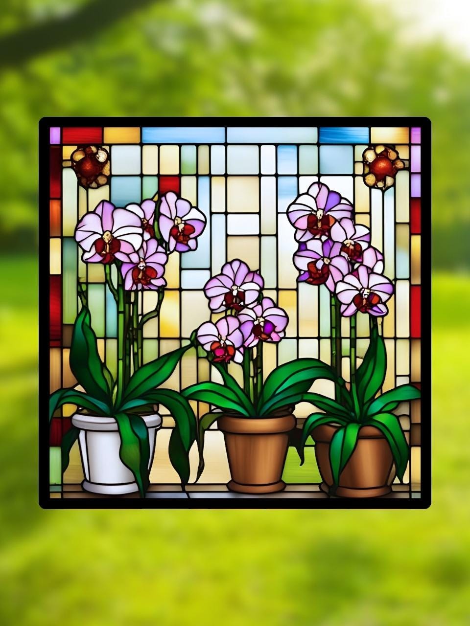 Vitrail "Orchidées sous verrière" – Orchidées en pots, vitrail floral lumineux, décoration botanique élégante, format 14,5x14,5 cm