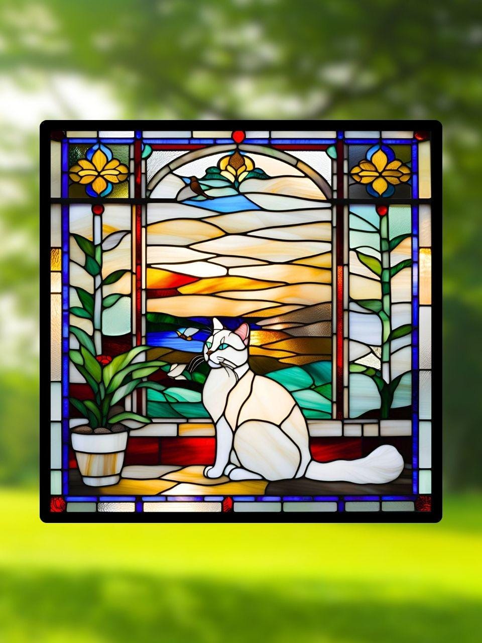Vitrail Chat Blanc – Décoration de Vitre Féline – Cadeau Original pour Amoureux des Chats