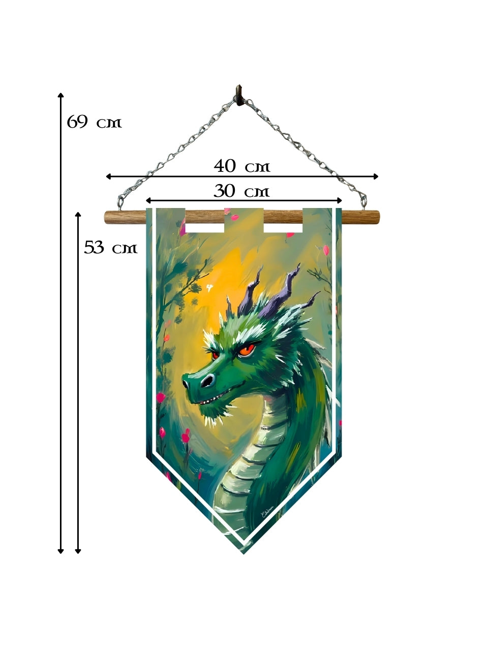 Étendard dragon vert – Bannière murale toile 510g/m² – Déco murale fantasy créature légendaire