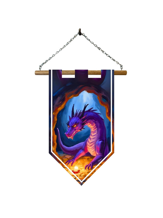 Étendard dragon violet – Bannière murale toile 510g/m² – Déco murale fantasy dragon et trésor