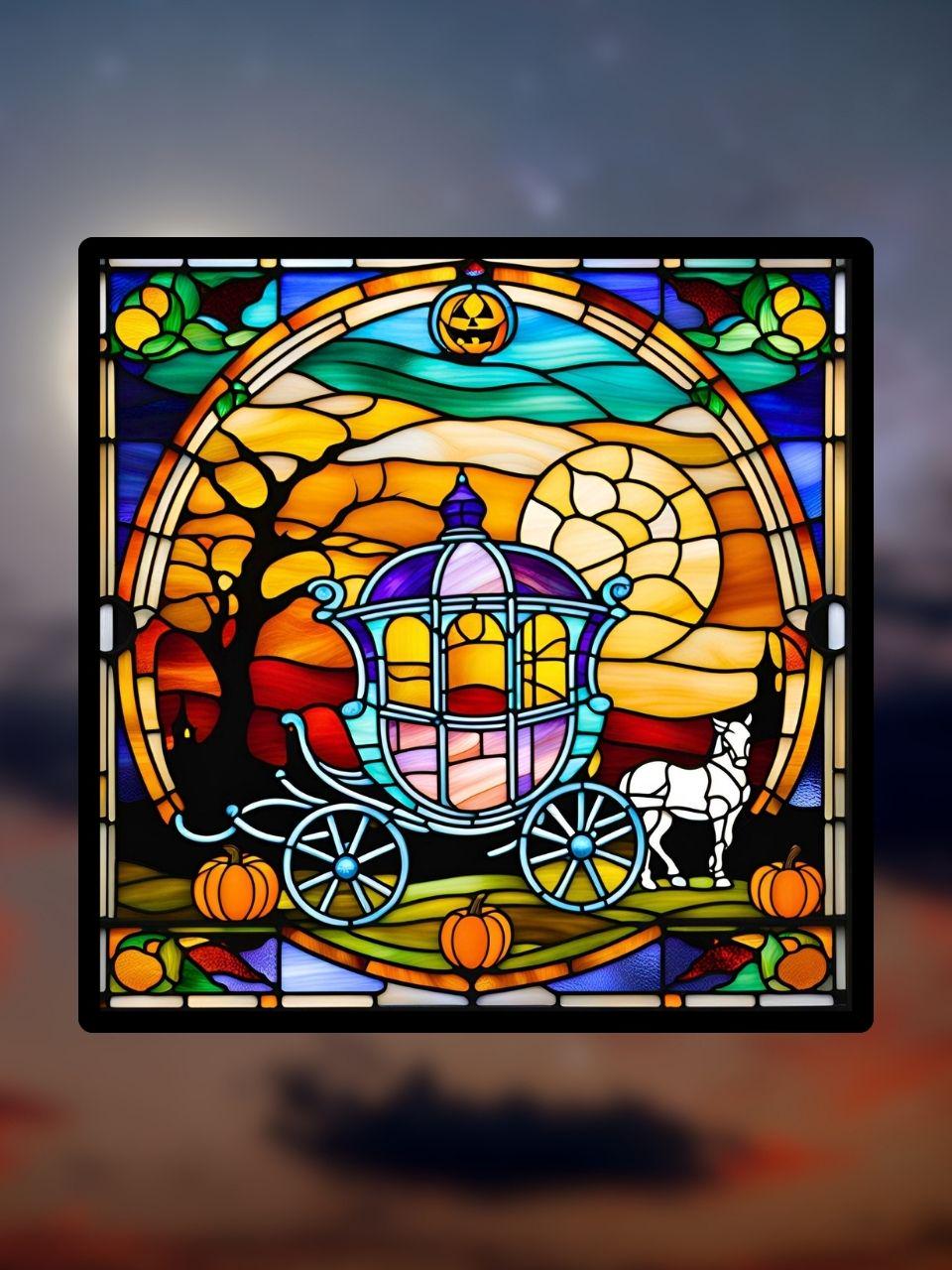 Vitrail Carrosse Citrouille d’Halloween – Décoration de Vitre Enchantée – Cadeau Original pour Passionnés de Contes Fantastiques