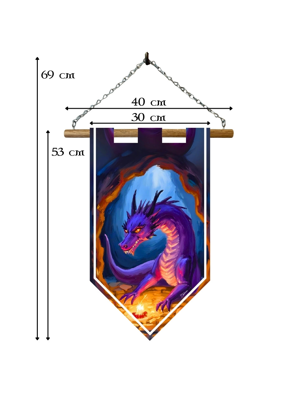 Étendard dragon violet – Bannière murale toile 510g/m² – Déco murale fantasy dragon et trésor