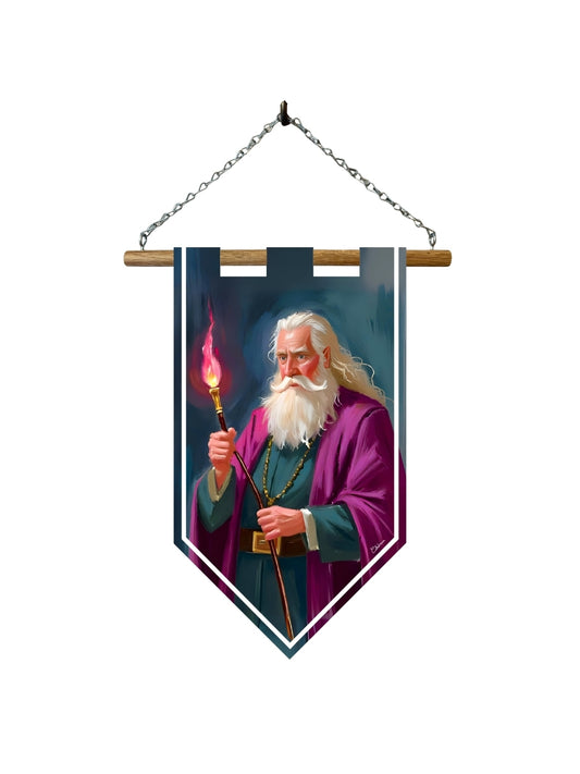 Étendard mage sorcier – Bannière murale toile 510g/m² – Déco murale fantasy et magie médiévale