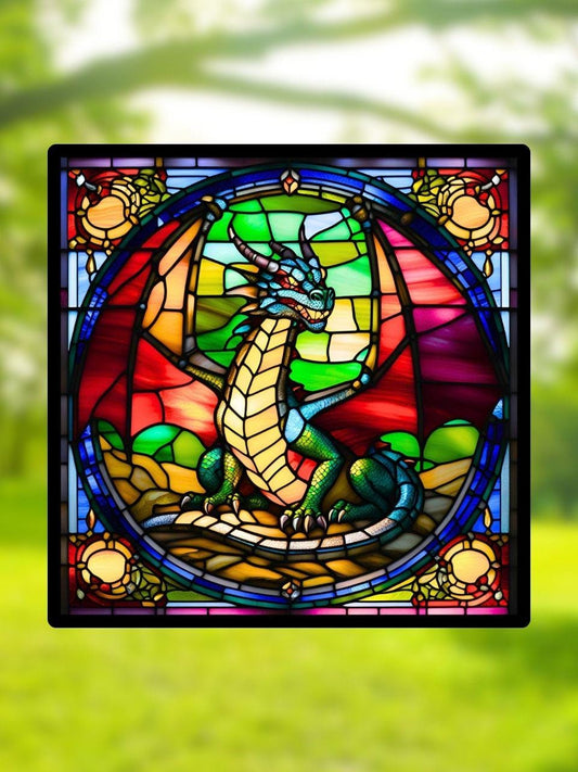 Vitrail Le Dragon – Décoration de Vitre Mythique – Cadeau Original pour Passionnés de Créatures Légendaires