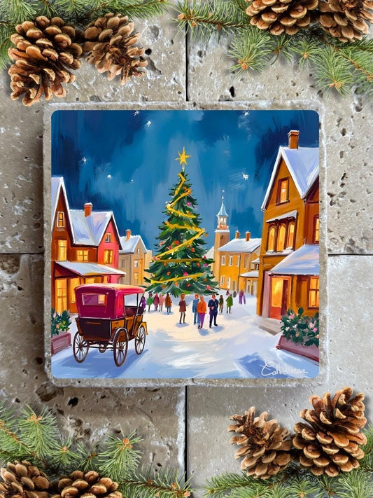 Carreau en travertin 10x10 cm – Village de Noël enneigé avec sapin illuminé, verso liège