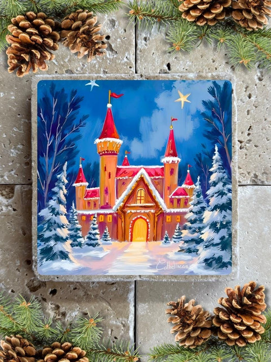 Carreau en travertin 10x10 cm – Château de Noël sous la neige, verso liège
