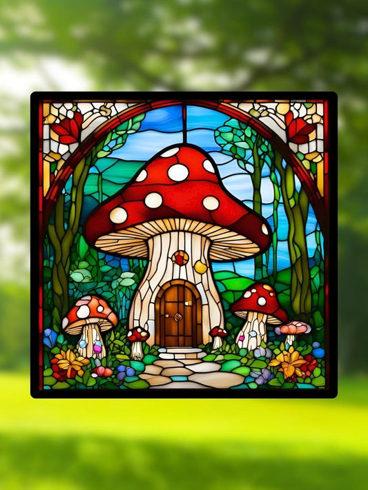 Vitrail "La Maison des Champignons" – Art déco féerique, vitrail carré 14,5x14,5 cm, décoration magique forêt et univers fantastique