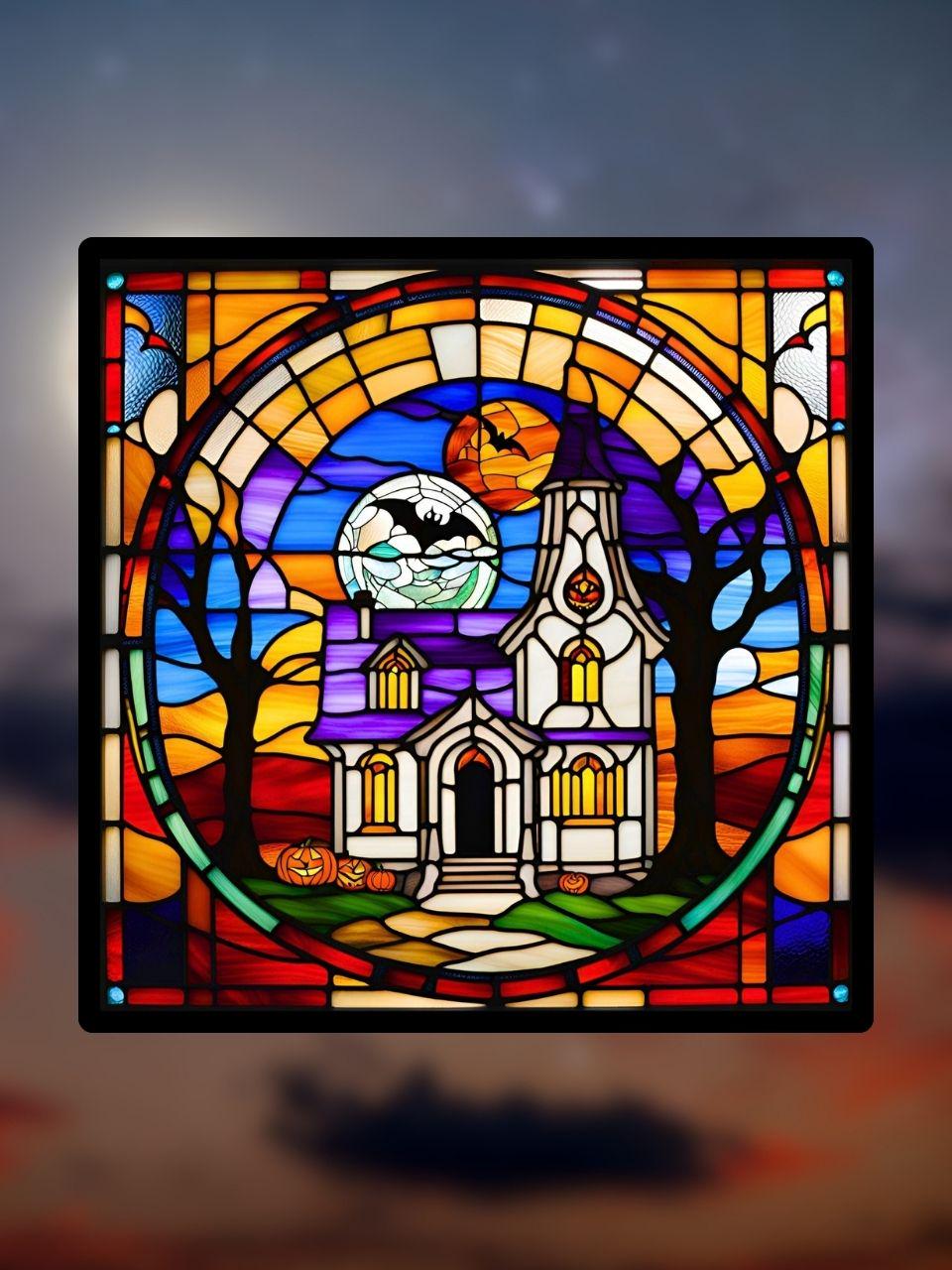 Vitrail Maison Hantée d’Halloween – Décoration de Vitre Effrayante – Cadeau Original pour Passionnés de l’Univers Surnaturel