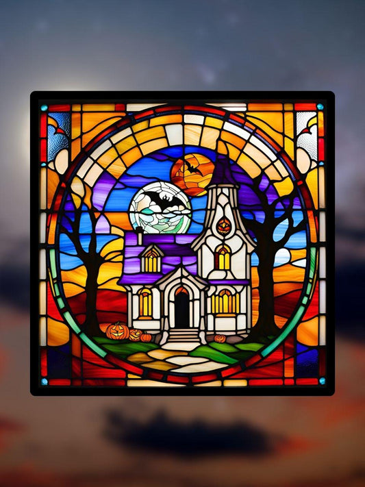 Vitrail Maison Hantée d’Halloween – Décoration de Vitre Effrayante – Cadeau Original pour Passionnés de l’Univers Surnaturel