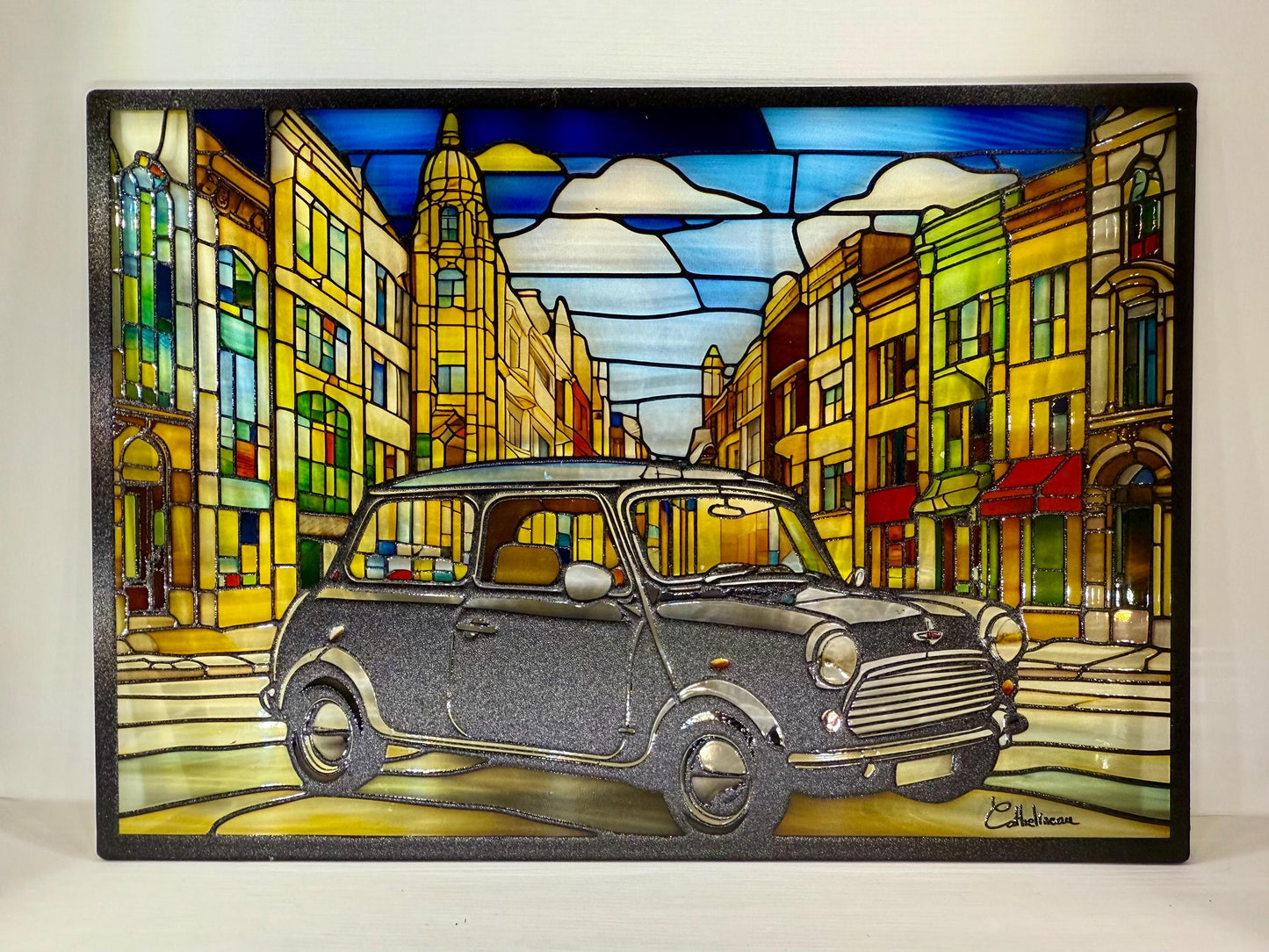 Vitrail l’Austin mini noir en centre ville 210x148mm